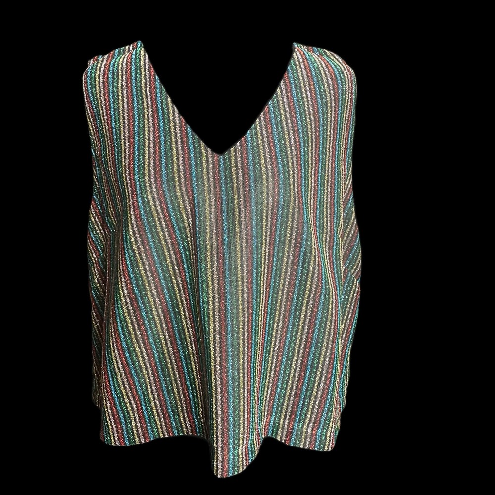 BURU Womens XL Rainbow Lurex Striped V-Neck Crop Top Metallic Shoulder Snap NWT